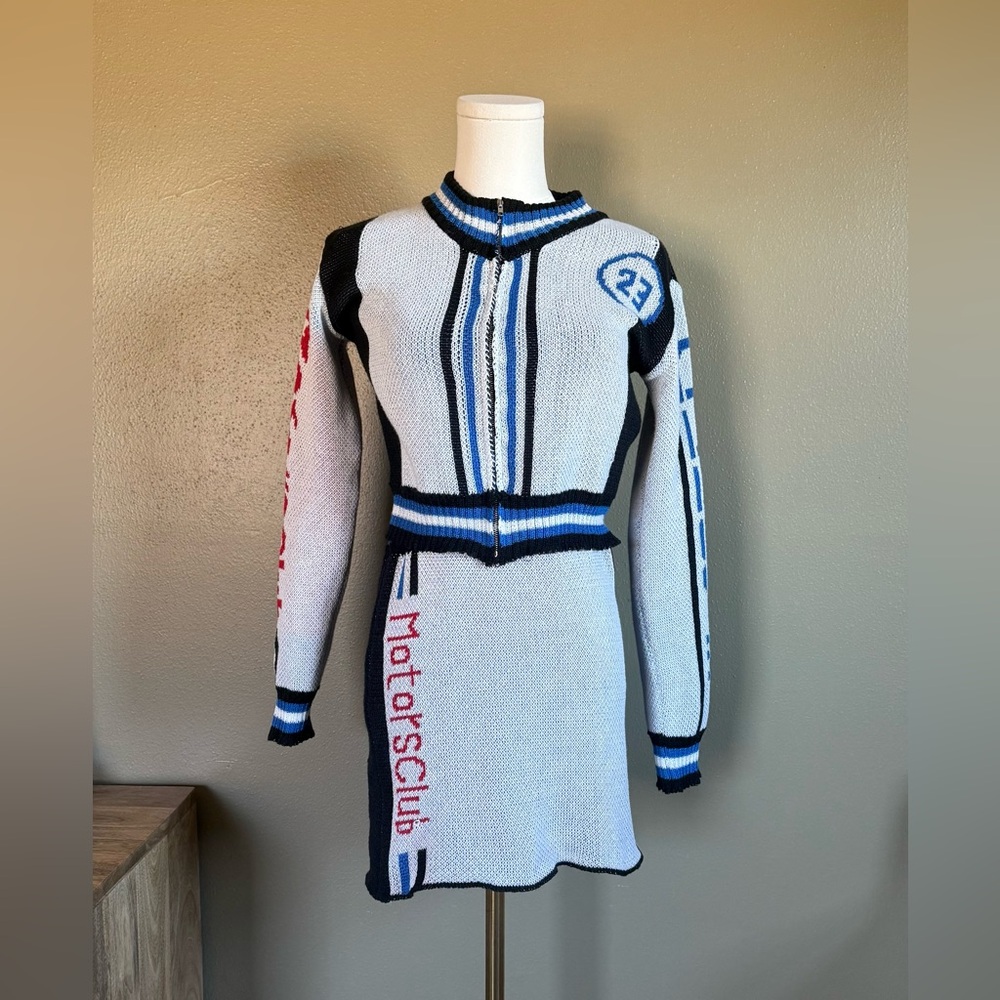 Fashion Nova High Speed Motors Club Blue and White Knit Sweater Skirt Set M